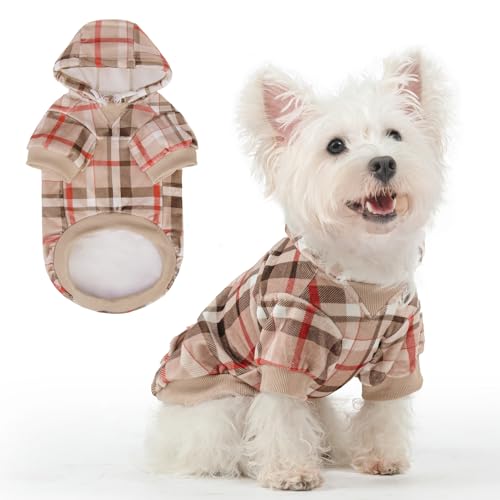 BEAUTYZOO Dog Hoodie Sweaters for Small Medium Large Size Dogs Girls Boys- Premium Quality, Ultra Soft, Superior Comfort Fit, Fleece Lined Hooded Sweatshirt- Cold Weather Pet Clothes Winter Coat,Plaid - color: Beige, size: Small/Medium