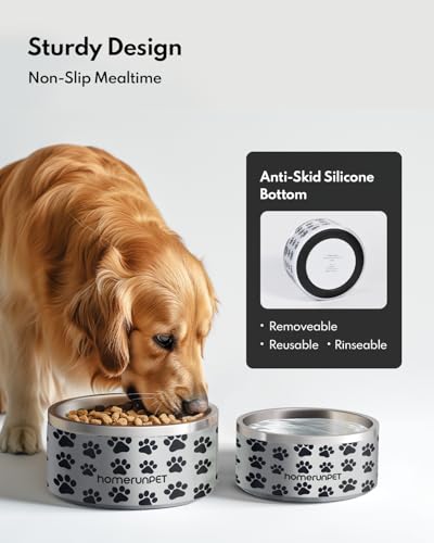 Dog Bowl, HomeRunPet Dog Food Water Bowl with Non-Slip Rubber Base, Metal Insulated Stainless Steel Dog Bowls, Double Wall Dog Bowl for Small Medium Large Dogs, Durable, Dishwasher Safe, 32oz - color: Paw Print