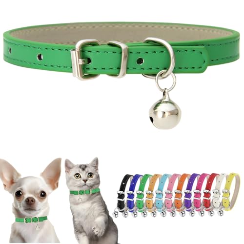 Green XS Dog Collar with Bell Leather Puppy Collar with Bell Adjustable Buckle Kitten Cat Collars for XXSmall XSmall Tiny Little Extra Small Breed Pets Boys Girls Like Chihuahua, X-Small - color: Green, size: X-Small (8-10.5 inches)