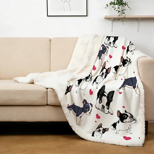 BlessLiving Boston Terrier Sherpa Blanket Queen Size 90x90 Inches - 3D Red Hearts Puppy Dog Print Super Soft Plush Fleece Throw for Adults, Women, Pet Lovers, Cute Animal Themed Gift - color: Boston Terrier, size: Queen, 90 x 90 Inches