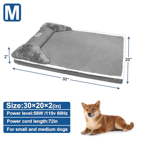 Heated Dog Bed 20x30inches Pet Heat Sofa, Soft Spine-Protecting Dog Heating Pad Equipped with Timer&Temperature Control Switch, Removable Plush Cover is Machine Washable, Non-Slip Base - Gray - size: Medium