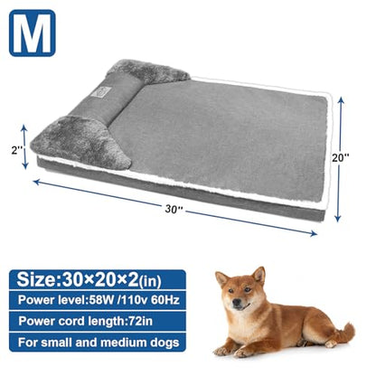 Heated Dog Bed 20x30inches Pet Heat Sofa, Soft Spine-Protecting Dog Heating Pad Equipped with Timer&Temperature Control Switch, Removable Plush Cover is Machine Washable, Non-Slip Base - Gray - size: Medium