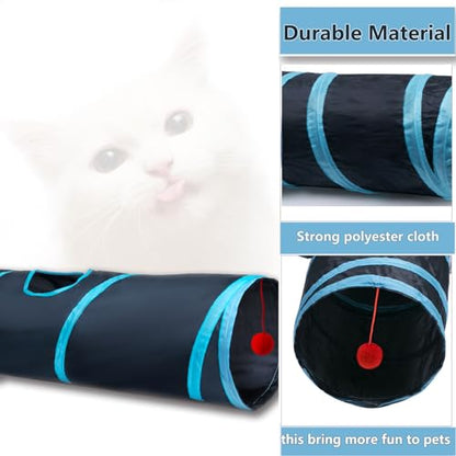Cat Tunnel Tube Toys，Tunnels for Indoor Cats, 2 Way Blue Collapsible Interactive Toy with Balls for Rabbits, Kittens, Ferrets, Puppy - color: 2 Way Black Blue