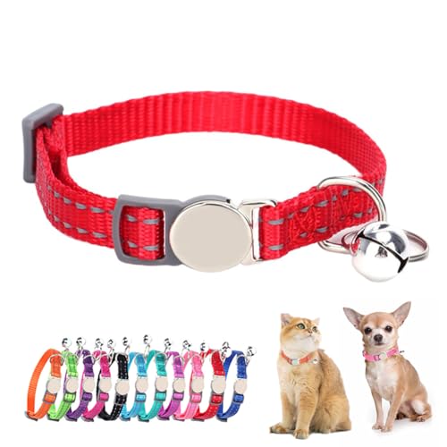 Red Cat Collar with Bell & Breakaway, Reflective Kitten Collar with Bells, Soft Nylon Break Away Dog Collar for Xs Small Tiny Puppy, Neck 7-11 Inch - color: Red