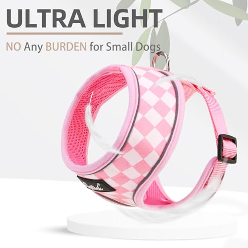 PUPTECK Soft Mesh Dog Harness and Leash Set Pet Puppy Cat Comfort Padded Vest No Pull Harnesses, Checkered Pink&White, XS - color: Checkered Pink&White, size: XS (NECK: 10", CHEST: 10"-14")
