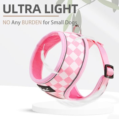 PUPTECK Soft Mesh Dog Harness and Leash Set Pet Puppy Cat Comfort Padded Vest No Pull Harnesses, Checkered Pink&White, XS - color: Checkered Pink&White, size: XS (NECK: 10", CHEST: 10"-14")
