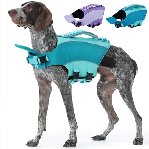 Kuoser Dog Life Jacket, Front Float Dog Life Vest for Swimming Boating, Reflective Pet Swim Suit with Rescue Handle & D-Ring & Chin Float for Small Medium Large Dogs, Green 2XL - color: Green, size: 2XL(Chest:30.7"-38.6")