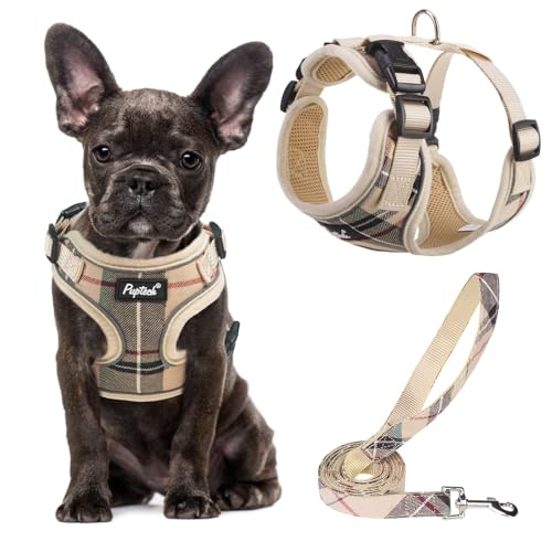 PUPTECK Soft Mesh Dog Harness and Leash Set Pet Puppy Cat Adjustable Reflective Padded Vest No Pull Harnesses, Beige, S - color: Beige, size: S (NECK: 13-15", CHEST: 14-18")