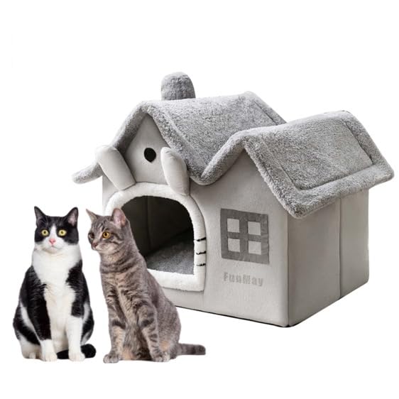 Luxury Foldable Rabbit-Ear Cat House & Dog Bed – Indoor Double Roof Condo with 30D Memory Foam, Removable Washable Cushion, Non-Slip Base, Cozy Pet Tent for Small Dogs & Cats, Gray (Extra Large) - size: Extra Large