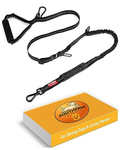 Shock Absorbing Tactical Bungee Dog Leash 4-7 ft. for Large Dogs with Seatbelt Buckle and Comfortable Padded Handle, Highly Reflective Extendable Heavy Duty Stretch Leash for Dog Owners (Black)