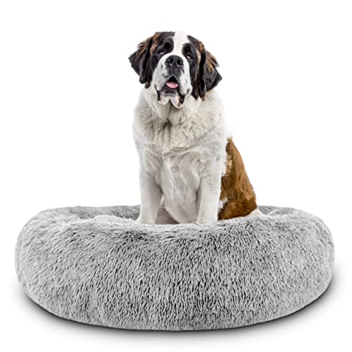 The Dog’s Bed Calming Donut Dog Bed, Plush Faux Fur Round Cuddler Nest – CertiPUR-Certified Foam, Removable Washable Zip Cover – XXL (54"), Silver Grey - color: Silver Grey Fur, size: Xxl (54")
