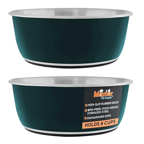 Master Pet Supply Stainless Steel Dog Bowls Set of 2 (64 Oz Each) with Non-Slip Rubber Base - Emerald Sea - Basic Dog Food Bowl Water & Food Bowls for Small Medium Large Dogs & Cats, Metal Dish - color: Emerald Sea, size: 8 Cups (64 oz) 2 Pack