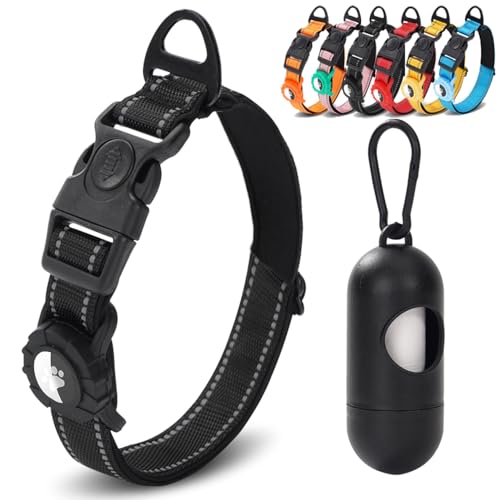 JSXD AirTag Dog Collar, Night Reflective Nylon Dog Collar for Small Medium Large Dogs,Lockable Quick Release Buckle,Padded Breathable Pet Collar with AirTag Holder (Black, Small) - color: Black, size: Small(9.4"-12.6")