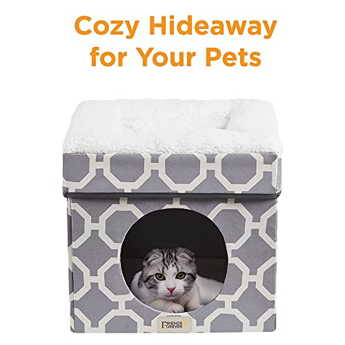 Friends Forever Taylor Upholstered Indoor Cat Bed, Collapsible Pet Cube Home, Kitten House With Sherpa Padding, Non Skid Base, Travel Friendly Foldable Ottoman Condo, Pop Up Tent Cave - Grey / Ivory