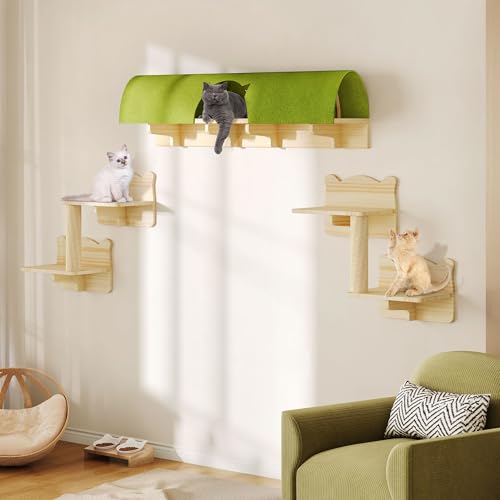 Cat Wall Shelves with Tunnel, 7-in-1 Solid Wood Wall Mounted Cat Furniture with Scratching Post, Cave & Steps, Multi-Level Cat Climbing Wall Systems, Space Saving, Floating Cat Shelves - color: Burlywood, size: 7-in-1