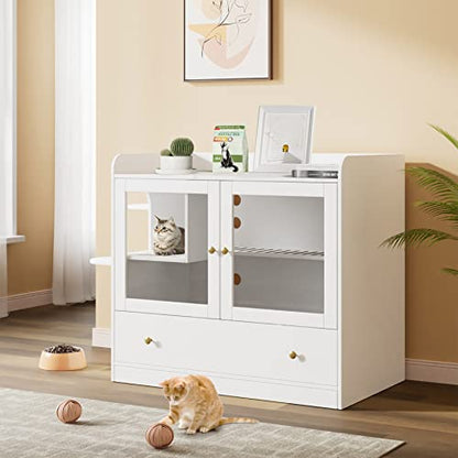 Extra Large Cat Litter Box Enclosure Furniture Hidden, Cat Condo Cabinet Pet House with Stairs for 2, Nightstand Side Table with a Drawer for Living Room, White - color: White