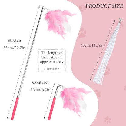 Andiker 5Pcs Retractable Cat Wand Toy, Cats Toy Set Contains 1 Feather Teaser & 3 Replaceable Tassels with Bell Stimulate Cats Hunting and Chasing Instincts Interactive Cat Toys (Pink) - color: Pink