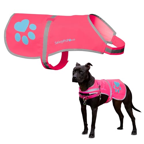 SafetyPUP XD Dog Reflective Vest – Hi-Vis Fluorescent Visibility that Helps to Safeguard Your Pet On/Off Leash in Urban & Rural Areas (Pink, X-Large) - color: Pink, size: X-Large