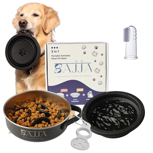 Black Slow Feeder Travel Dog Bowl Set | 30oz Stainless Steel + 20oz Collapsible Silicone Dish | Water Bottle Holder| Non-Slip, Anti-Choking, BPA-Free | We Give Back - color: Slow feeder Black Bowl