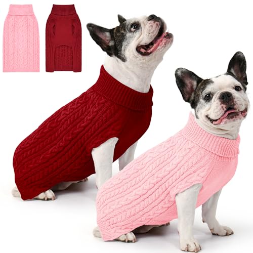 2 Pack Dog Sweaters for Medium Dogs Winter Turtleneck Pullover Cable Knit Fleece Stretch Frenchie Dachshund Pug Corgi Beagle Boy Girl Pet Clothes (M, Pink & Red) - color: Pink & Red, size: Medium