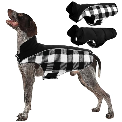Kuoser Dog Winter Coat, Reversible Waterproof Dog Jacket with Reflective Strip, Warm Dogs Fleece Vest Adjustable Doggy Cold Weather Clothes Plaid Christmas Outfit Pet Apparel for Large Dogs, Black L - color: Black, size: Large (Chest Girth: 20.9-24.4'' )
