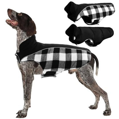 Kuoser Dog Winter Coat, Reversible Waterproof Dog Jacket with Reflective Strip, Warm Dogs Fleece Vest Adjustable Doggy Cold Weather Clothes Plaid Christmas Outfit Pet Apparel for Large Dogs, Black L - color: Black, size: Large (Chest Girth: 20.9-24.4'' )