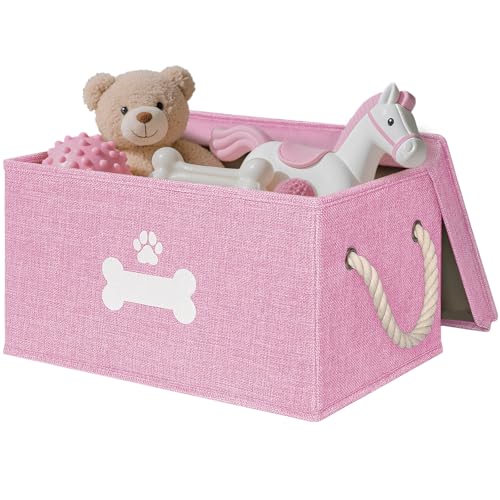 Dog Toy Basket with Lid, Dog Basket for Toys, Dogs Toy Box with Cotton Rope Handles, Collapsible Storage Bins for Pet Toys, Dogs Storage Organizer, Pink - color: Pink, size: Medium