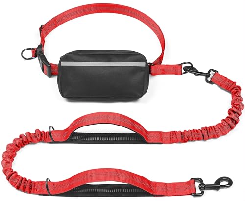 iYoShop Hands Free Dog Leash with Zipper Pouch, Dual Padded Handles and Durable Bungee for Walking, Jogging and Running Your Dog (Medium, 8-25 lbs, Red) - color: Red, size: Medium