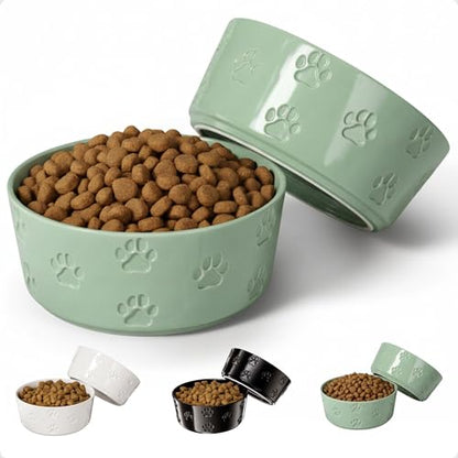 Ceramic Dog Bowl Set of 2 with Anti-Skid Base - 6.5" Wide x 2.5" Tall Ceramic Dog Bowls Medium Sized Dogs - 3.8 Cup Capacity Food and Water Bowls for Dogs - Rubber Bottom Pet Bowl Set of 2 Medium Size - color: Sage Green, size: Medium