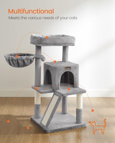 Feandrea Cat Tree, 37.8-Inch Cat Tower, Multi-Level Condo with Widened Perch, Scratching Posts and Ramp, 2-Door Cave, Hammock, Light Gray UPCT51W - color: Light Gray