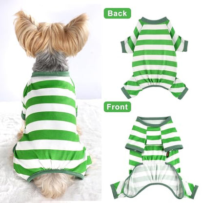 Dog Pajamas Pjs Stretchable Strip Dog Jumpsuit 4 Legs Pjs for Summer Dog Clothes Puppy Onesies Doggie Outfit (Green, Small (Chest 13in)) - color: Green, size: Small (Chest 13in )