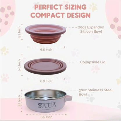 3-in-1 Travel Dog Bowl Set – 30 OZ Stainless Steel + 20 OZ Collapsible Water Bowl Lid | BPA-Free, Anti-Slip, Portable Dog Bowl w/Handle/Poop Bag Holder with Carabiner | Pink Bowls - color: Pink Bowl