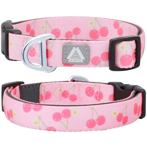Girl Dog Collar, Pink Cute Cherry Pattern Adjustable Breathable Collar with Reflective Logo, Comfortable Padded Design Fits for Medium, Large Dogs, Neck Size 12’’-20’’ (Cherry, M) - color: Cherry, size: Medium (Neck 12''–20'')