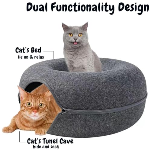 Cat Cave, Cat Tunnel Bed, Premium Cave Donut Tunnel Bed Set with Interactive Soft Cat Toys, Donut Design - Ideal Houses for Indoor (Grey) - color: Grey