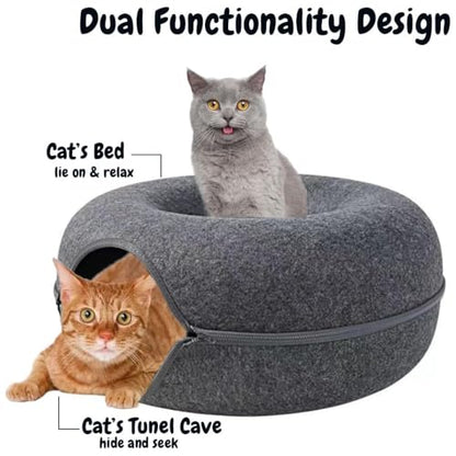 Cat Cave, Cat Tunnel Bed, Premium Cave Donut Tunnel Bed Set with Interactive Soft Cat Toys, Donut Design - Ideal Houses for Indoor (Grey) - color: Grey