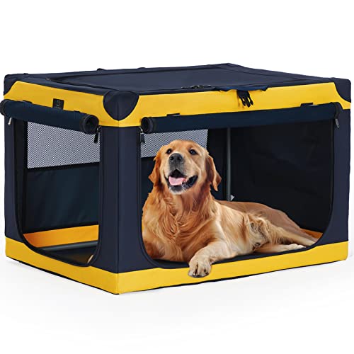Soft-Sided Dog Crate 40 Inch XL by A4PET, Collapsible Foldable Crate for Large Dogs, Breathable Mesh, Washable Cover, Patented Screw Frame, Travel & Car Safe - color: Blue+Yellow, size: 40.0"L x 25.0"W x 25.0"H