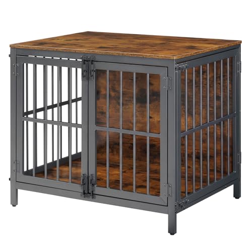 HOOBRO Heavy Duty Dog Crate Furniture, 31.5" Wooden Indoor Kennel with 3 Doors, Chew Resistant Metal Cage for Small and Medium Breeds, Dog Crate Side Table, Black and Rustic Brown BF81GW03 - color: Black and Rustic Brown, size: 31.5"l X 22.8"w X 27.8"h