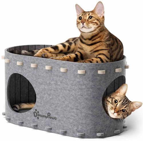 DownyPaws Cat House for Indoor Cats, Cat Bed Cave for Multiple & Large Cats Up to 22 Lbs, Scratch Resistant, Foldable Peekaboo Kitten Caves Tunnel Enclosed Bed, PeekaPurr, Light Gray - color: Light Gray, size: Single
