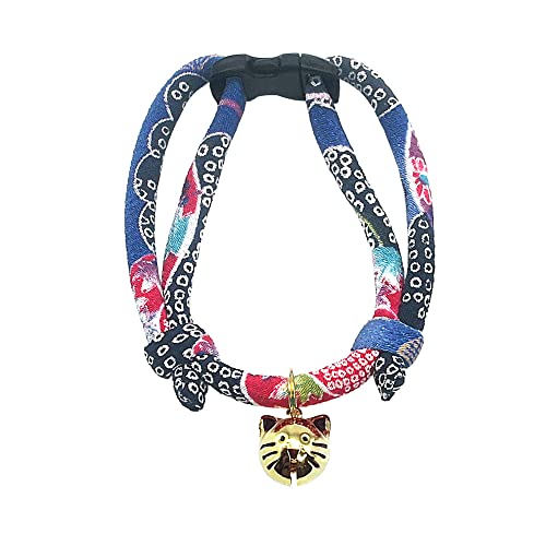 Cat Collar with Kitty Face Bell. Cute Japan Chirimen Kitten Collar. Soft & Lightweight. - color: Midnight Blue