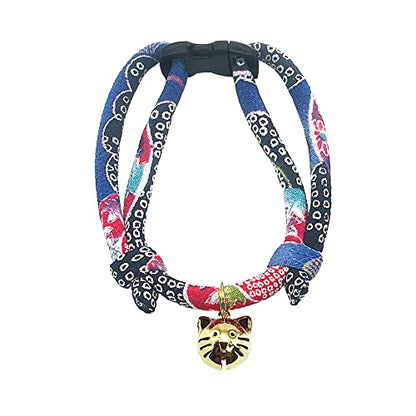 Cat Collar with Kitty Face Bell. Cute Japan Chirimen Kitten Collar. Soft & Lightweight. - color: Midnight Blue