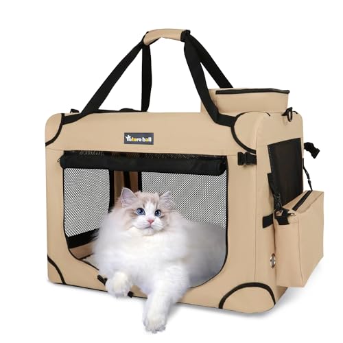 Large Cat Carrier for Cats Collapsible Soft Pet XL Crate for Large/Medium Cats 15lbs+ Car Travel Portable Bag with Water Bottle Slot Ideal for Long Trips (Beige, 20.0"L x 14.0"W x 14.0"H) - color: Beige, size: 20.0"L x 14.0"W x 14.0"H