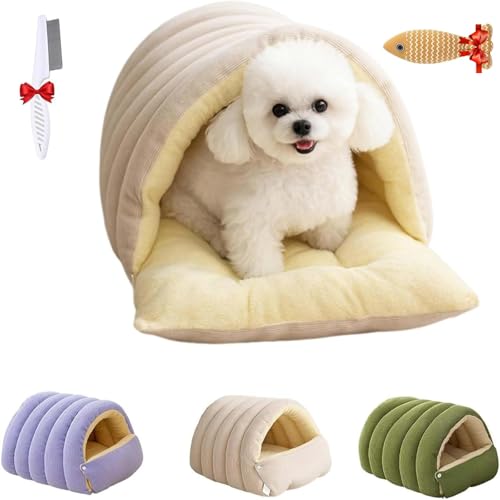 Removable and Washable Winter Closed-Off Cat Bed, Warm Cozy Comfort Pet Cave for Cats & Kittens, Machine-Washable Removable Cushion, Non-Slip Base - color: Beige, size: 17.7*11.8*7.5 in
