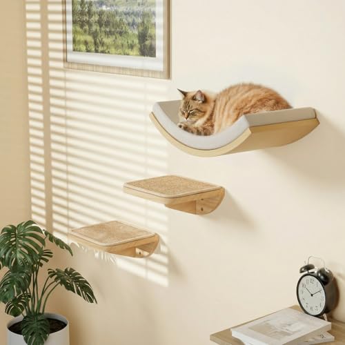 Cat Window Perches, Curved Cat Wall Beige Bed and 2 Floating Wall Steps, Wall Mounted Climbing Shelves for Sleeping, Playing, and Lounging - color: Foam/Felt-Wood, size: 1 Curved Bed 2 Steps