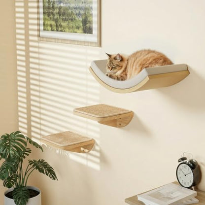 Cat Window Perches, Curved Cat Wall Beige Bed and 2 Floating Wall Steps, Wall Mounted Climbing Shelves for Sleeping, Playing, and Lounging - color: Foam/Felt-Wood, size: 1 Curved Bed 2 Steps