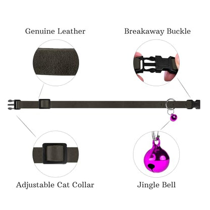 Breakaway Cat Collar Leather with Removable Bell - 13 Colors Available - Soft Adjustable Girl Boy Safety Lightweight Pet Kitten Collars Pink Brown Blue Green Red Orange Black (Graphite) - color: Graphite