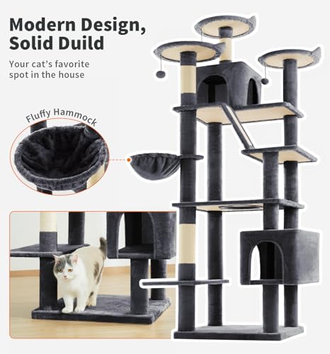 Made4Pets Tall Cat Tree, 80" Cat Tree Tower for Indoor Cats Large Adult, Modern Cat Tower with Scratching Post, Cozy Hammock, 3 Perches and 2 Condos, Sturdy and Fluffy, Dark Gray - color: Dark Gray