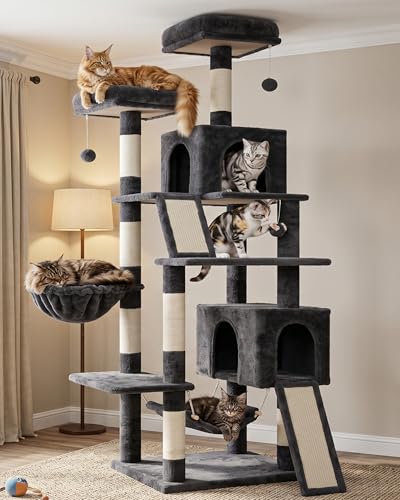 Gitelsnour Cat Tree for Indoor Cats, 71'' (180cm) Multi-Level Cat Tower for Large Adult, Sturdy Cat Tree House with 2 Scratching Boards 7 Posts, 2 Plush Perches/Condos, Hammock, Smoky Gray GCT032G - color: Smoky gray, size: 70.8in（180cm)