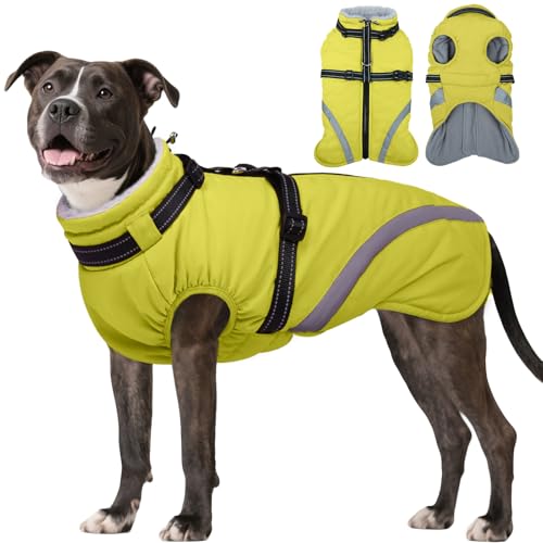 BRKURLEG Dog Winter Jackets for Medium Dogs, Dog Coat with Harness Built in, Dogs Snowsuits with Zipper, Waterproof Windproof Pet Puffer Jacket Fleece Vest for Beagle, Pug, Green L - color: Green, size: Large