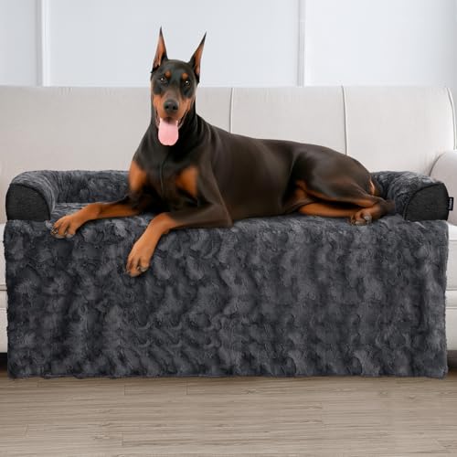 Calming Dog Beds, Extra Large Fluffy Plush Dog Mat for Furniture Protector with Removable Washable Cover for Large Medium Small Dogs and Cats,53 x 39 inch - color: Dark Grey, size: XX-Large