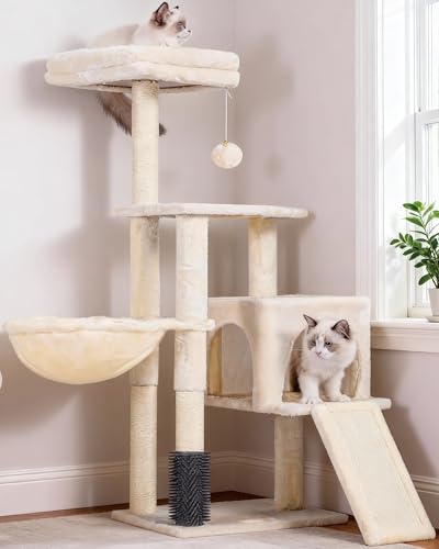 Heybly Cat Tree with Cat Self Groomer Brush, Cat Tower Condo for Indoor Cats with Padded Plush Perch, Cat House with Basket Scratching Board Post, Beige HCT005SM - color: Beige, size: 42.5 inch